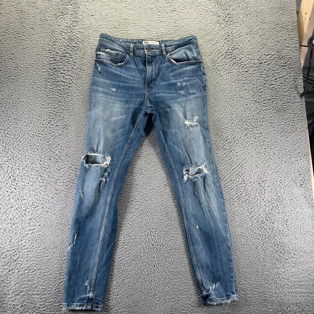 Zara Jeans Mens 31x30 Blue Cotton Denim Straight Distressed Workwear Stretch‎